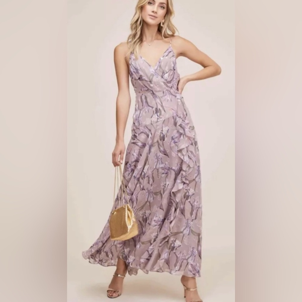Astr The Label V-Neck Printed Holland Ruffled Cascade Maxi Dress Lilac